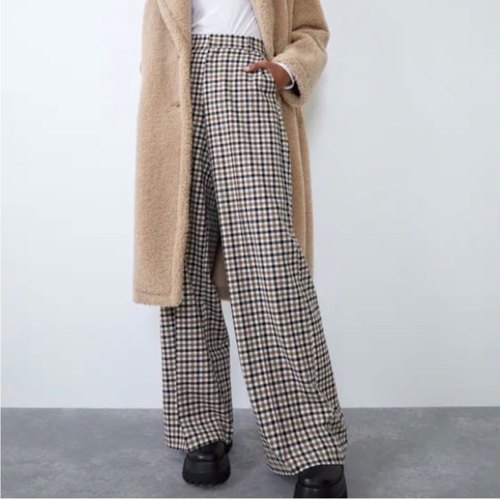 ZARA Plaid Wide Leg Suit Pants High Waist Medium